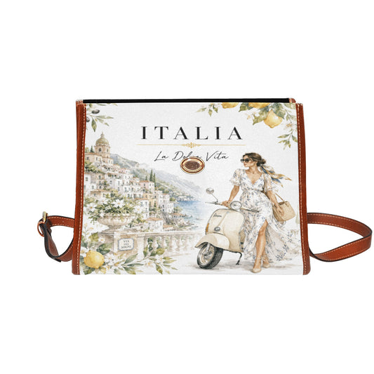 La Dolce Vita Damen-Handtasche – Italian Style mit Zitronen, Vespa-Detail und braunen Akzenten.