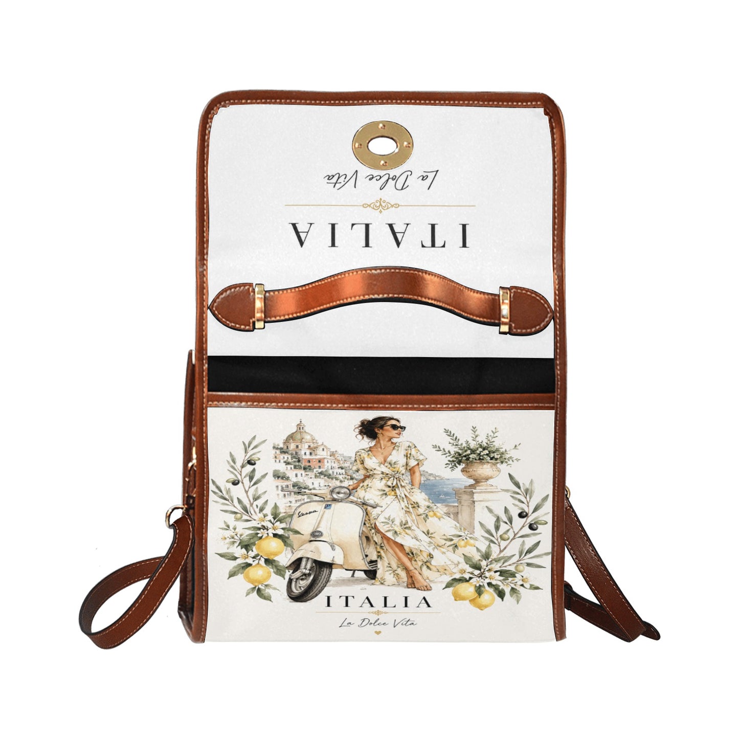 La Dolce Vita Damen-Handtasche - Italian Style mit Zitronenmotiven, Vespa-Detail und braunen Akzenten.