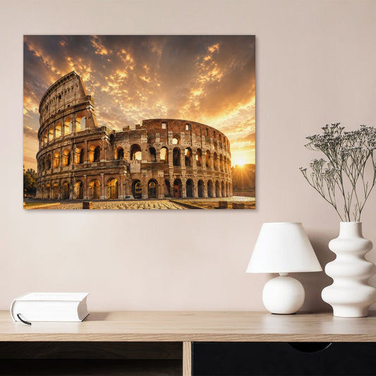 Colosseum Leinwanddruck Rom, 45x60 cm, warmes Abendlicht über antiker Fassade auf Canvas.