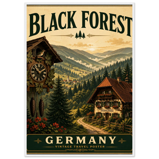 Schwarzwald Poster mit Holzrahmen – Wandbild einer Schwarzwaldlandschaft mit Chalet und Kuckucksuhr