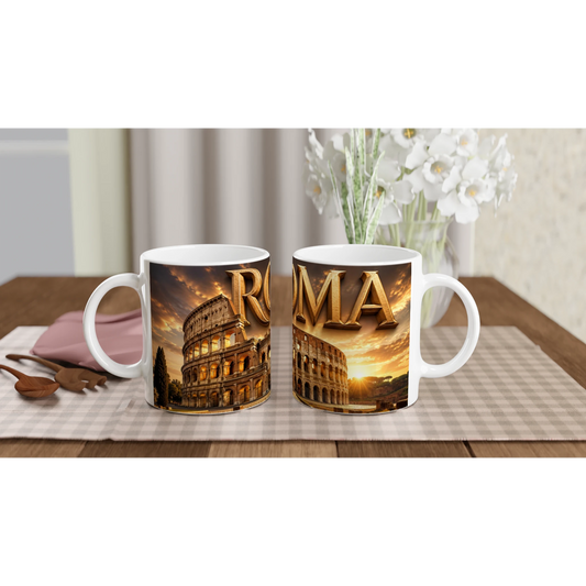 Colosseum-Keramikbecher mit Rom-Motiv, zwei Tassen mit antiken Rom-Sehenswürdigkeiten.