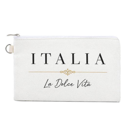 La Dolce Vita Kosmetiktasche – Italian Style, weiße Kosmetiktasche mit ITALIA-Logo und goldener Dekorlinie