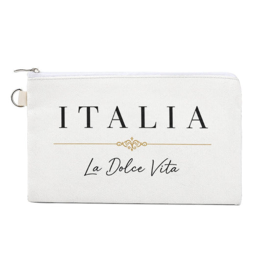 Kosmetiktasche La Dolce Vita – Italian Style mit Italia-Schriftzug auf weißem Hintergrund.