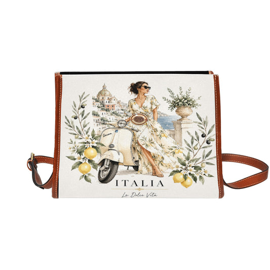 La Dolce Vita Damen-Handtasche – Italian Style mit Vespa, Zitronen und Olivenzweigen.