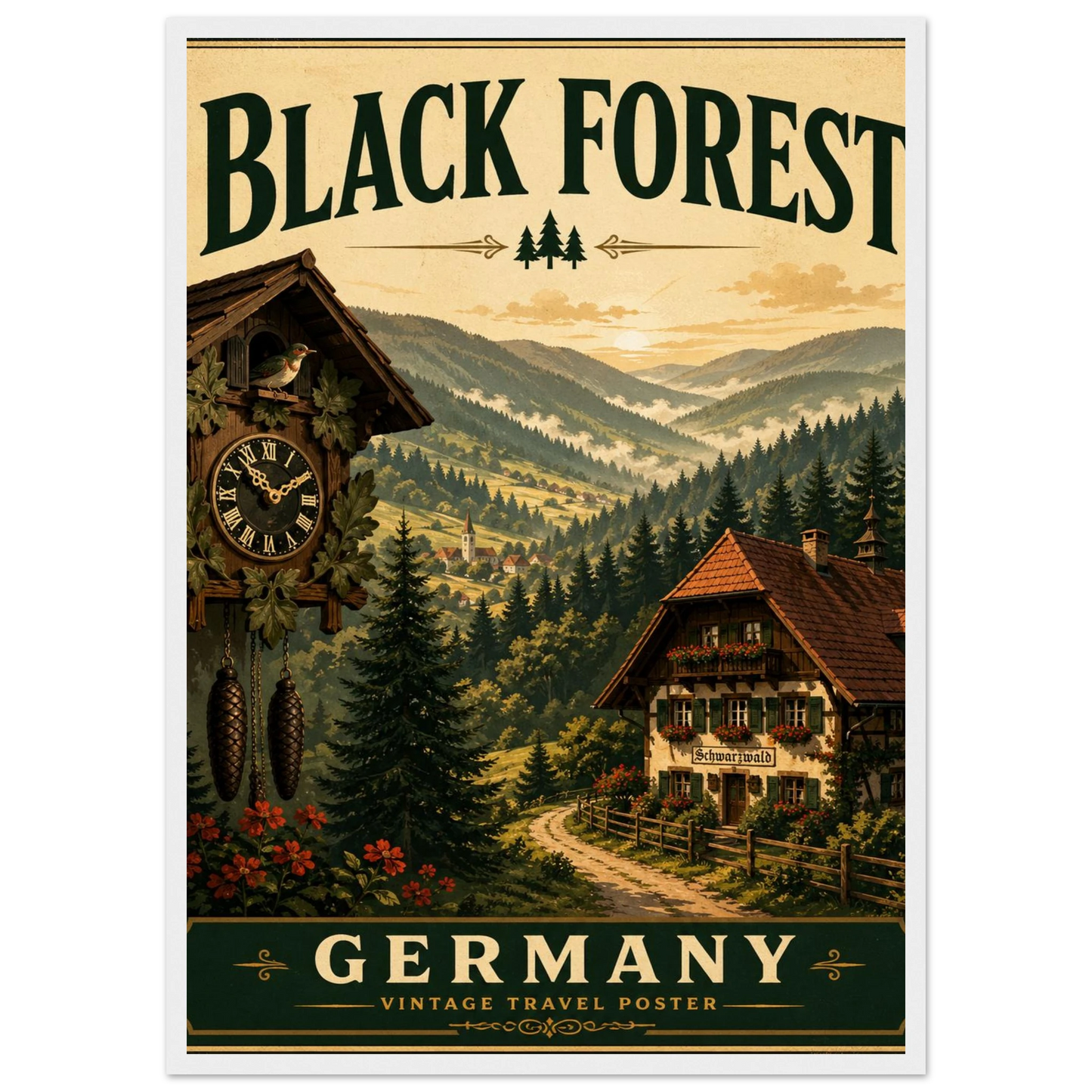 Schwarzwald Poster mit Holzrahmen – Vintage-Wandbild der Schwarzwaldlandschaft mit Chalet, Uhr und Bäumen