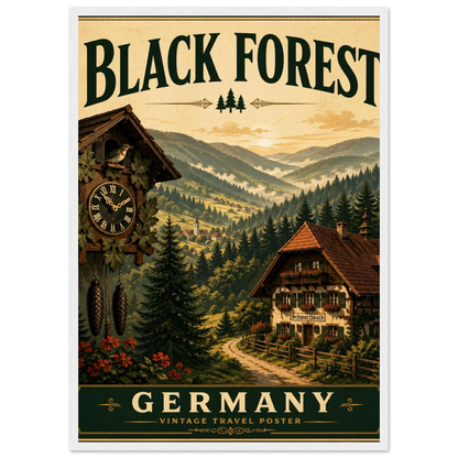 Schwarzwald Poster mit Holzrahmen – Vintage-Wandbild der Schwarzwaldlandschaft mit Chalet, Uhr und Bäumen