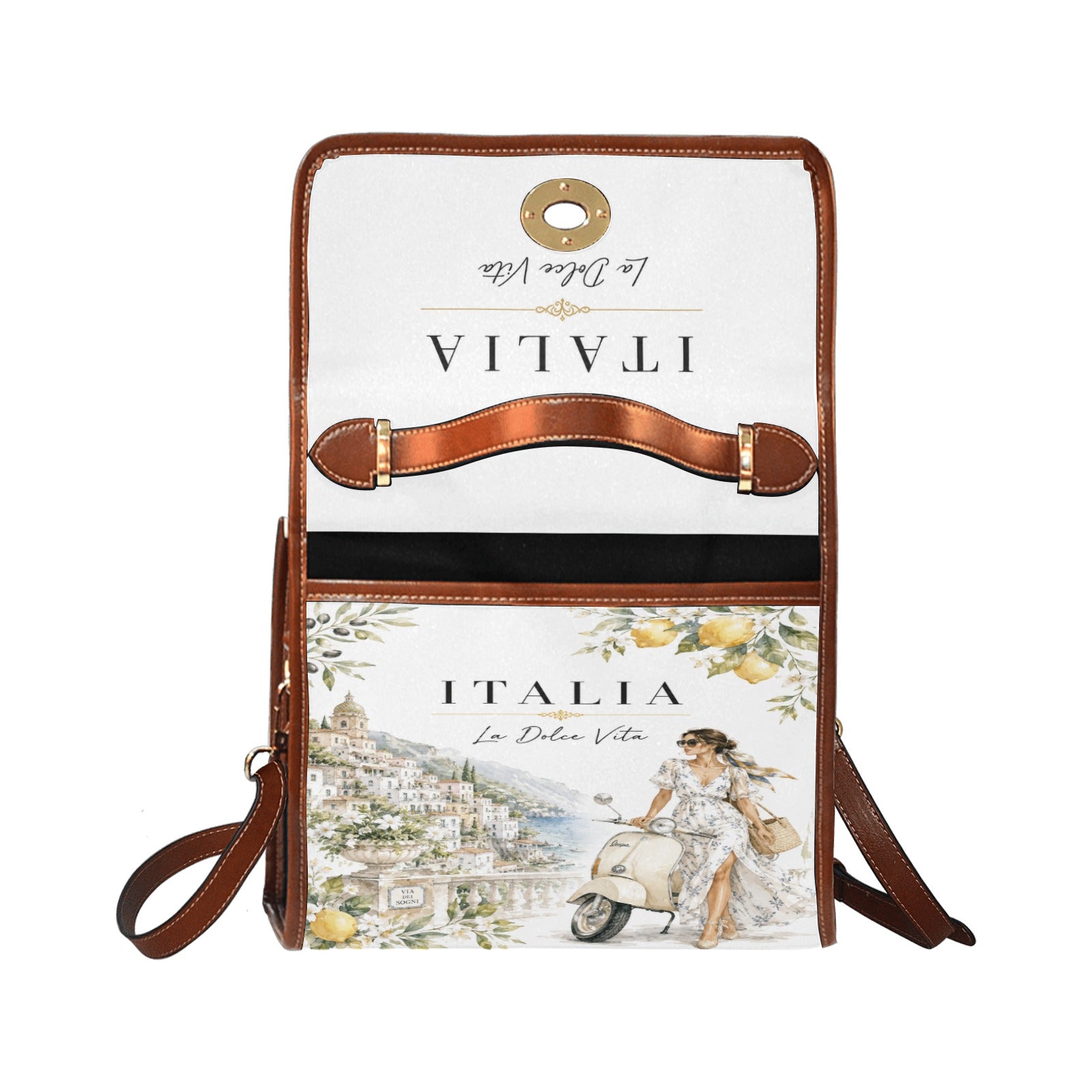 La Dolce Vita Damen-Handtasche – Italian Style mit Zitronen-Motiven, Vespa-Detail und braunen Akzenten.