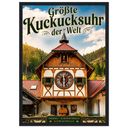 Poster Größte Kuckucksuhr der Welt mit Holzrahmen vor Triberg-Schwarzwald Uhrturm