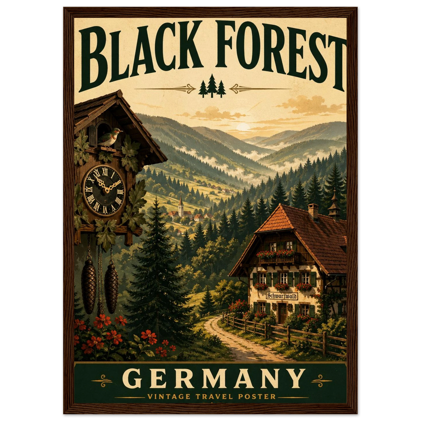 Schwarzwald Poster mit Holzrahmen Vintage-Wandbild einer Waldlandschaft mit Uhr