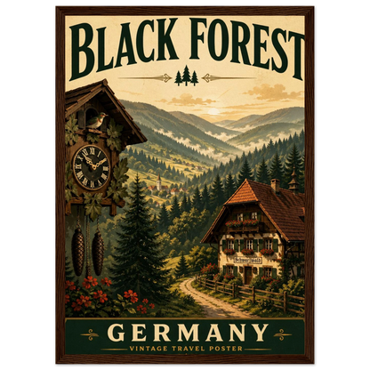 Schwarzwald Poster mit Holzrahmen Vintage-Wandbild einer Waldlandschaft mit Uhr