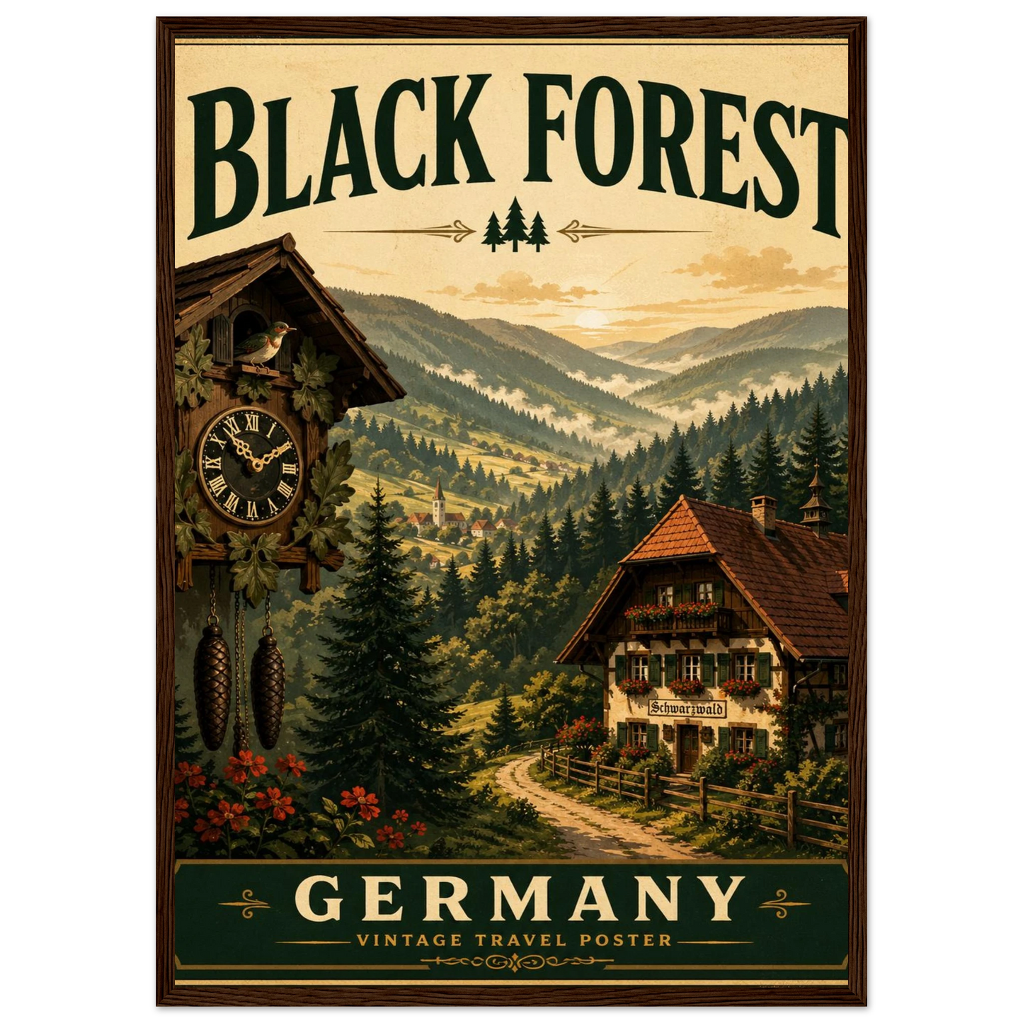 Schwarzwald Poster mit Holzrahmen – Vintage-Wandbild der Schwarzwaldlandschaft mit Chalet und Kuckucksuhr