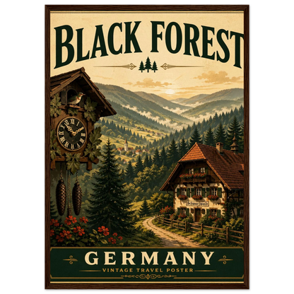 Schwarzwald Poster mit Holzrahmen – Vintage-Wandbild der Schwarzwaldlandschaft mit Chalet und Kuckucksuhr