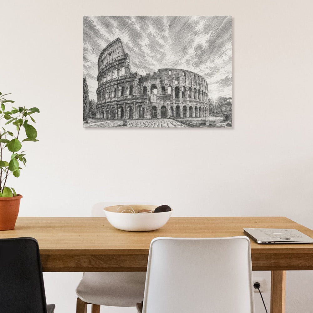 Colosseum Leinwanddruck Rom, 45x60 cm, schwarzweißes Wandbild über Esstisch.