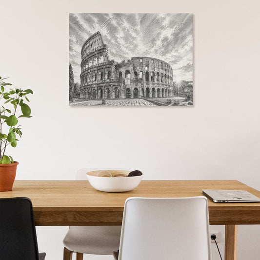 Colosseum Leinwanddruck Rom, 45x60 cm, schwarzweißes Wandbild über Esstisch.