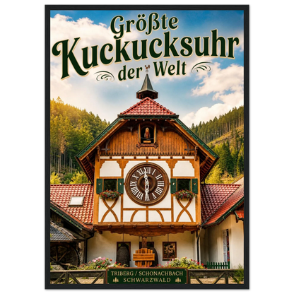 Größte Kuckucksuhr der Welt Poster mit Holzrahmen vor Schwarzwaldhaus in Triberg