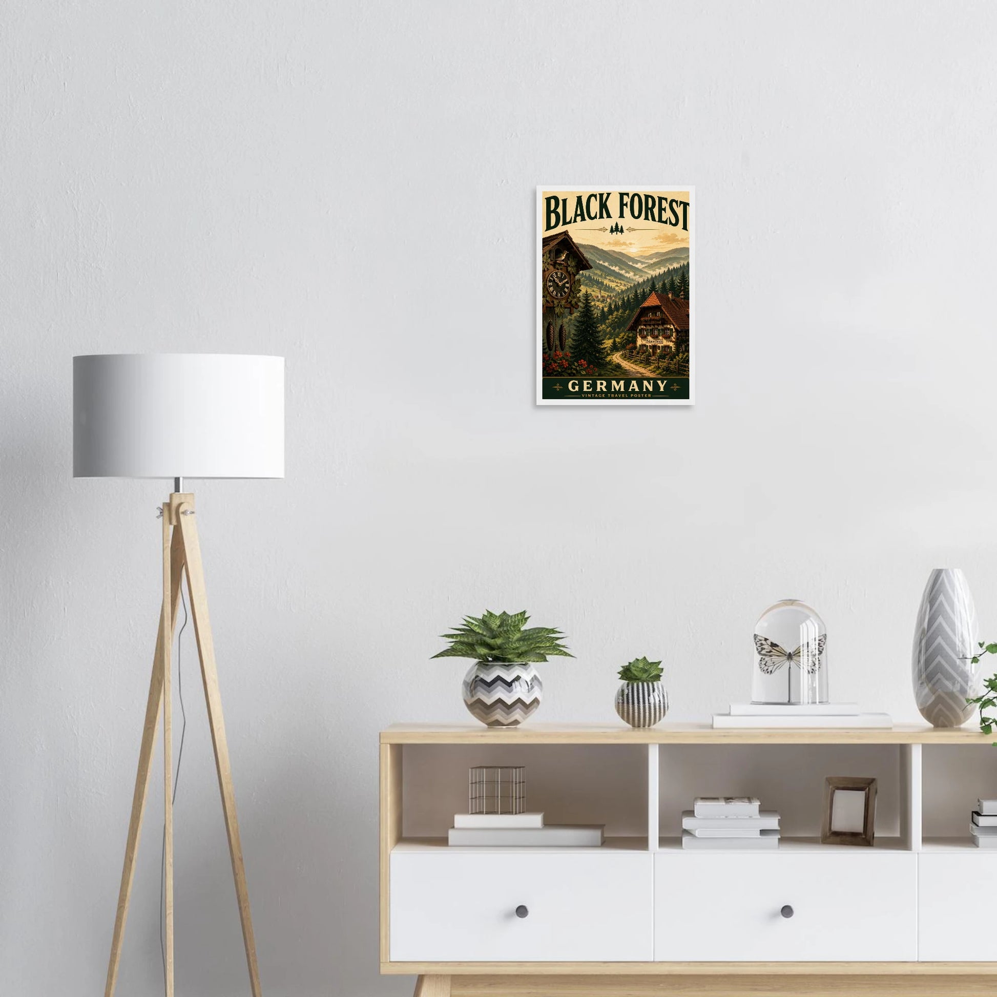 Schwarzwald Poster mit Holzrahmen – Wandbild Waldlandschaft, Vintage-Reiseplakat, Dekoration oder Geschenkidee