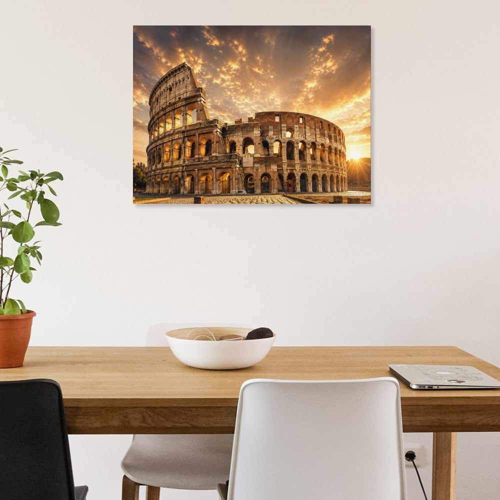 Colosseum Leinwanddruck Rom – Wandbild 45x60 cm, hochwertiges Canvas mit warmem Sonnenuntergang
