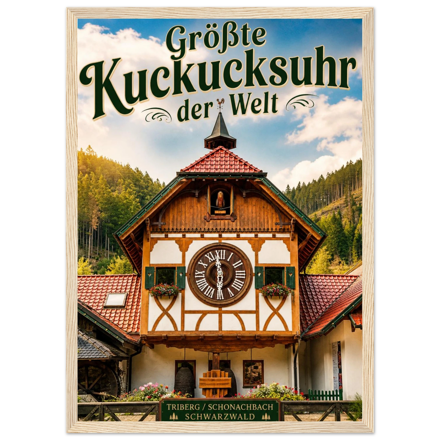 Poster Größte Kuckucksuhr der Welt im Holzrahmen Schwarzwald-Motiv