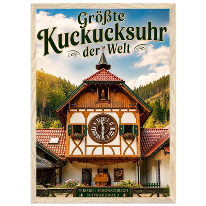 Poster Größte Kuckucksuhr der Welt im Holzrahmen Schwarzwald-Motiv