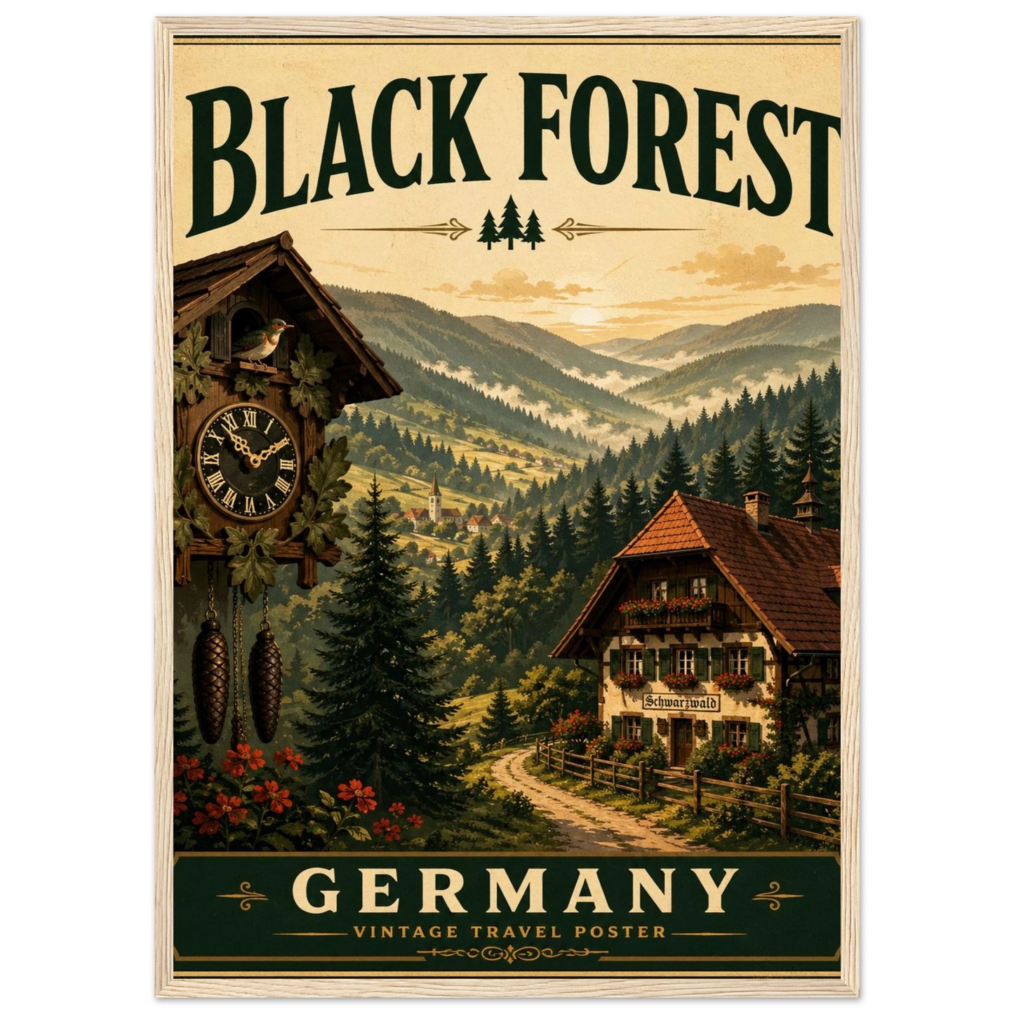 Schwarzwald Poster mit Holzrahmen – Vintage-Wandbild mit Waldlandschaft, Uhrturm und Häusern