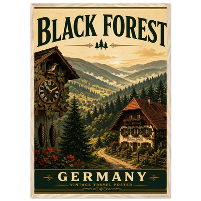 Schwarzwald Poster mit Holzrahmen – Vintage-Wandbild mit Waldlandschaft, Uhrturm und Häusern