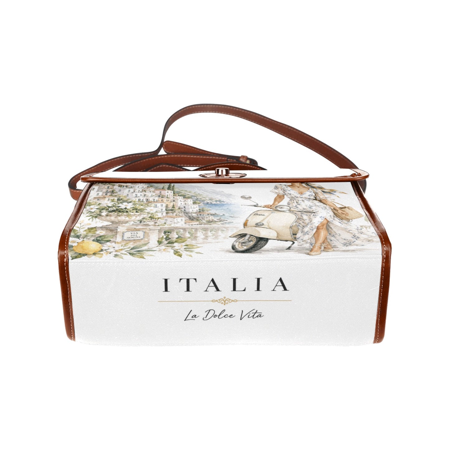 La Dolce Vita Damen-Handtasche – Italian Style mit Italia-Motiv, Zitronen, Vespa-Detail und braunen Akzenten.