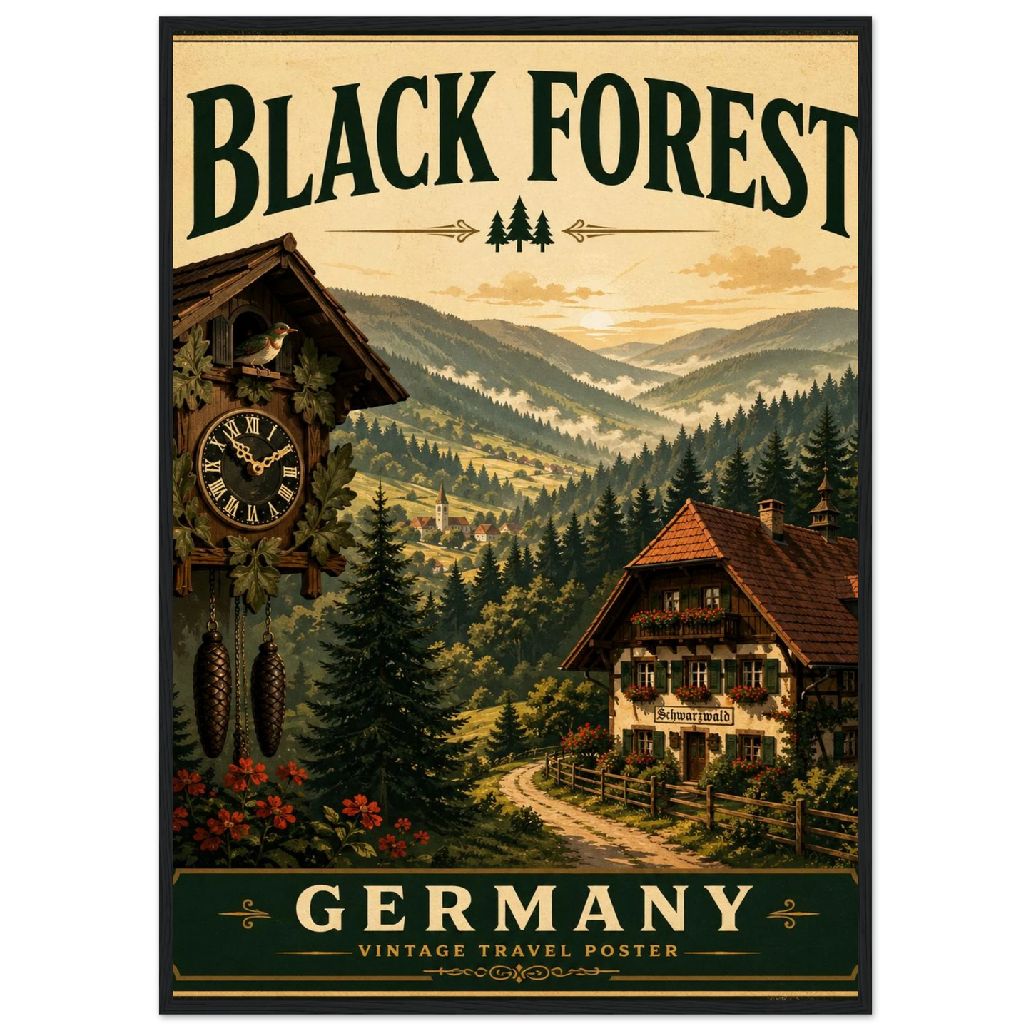 Schwarzwald Poster mit Holzrahmen – Vintage-Wandbild der Waldlandschaft mit Chalet und Uhrturm
