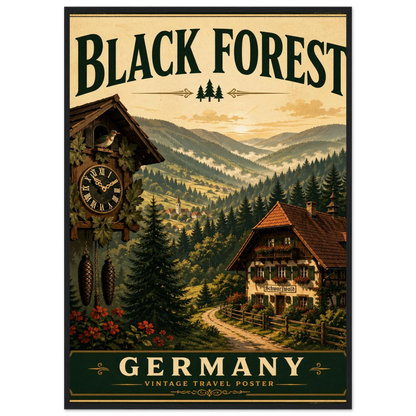 Schwarzwald Poster mit Holzrahmen – Vintage-Wandbild der Waldlandschaft mit Chalet und Uhrturm
