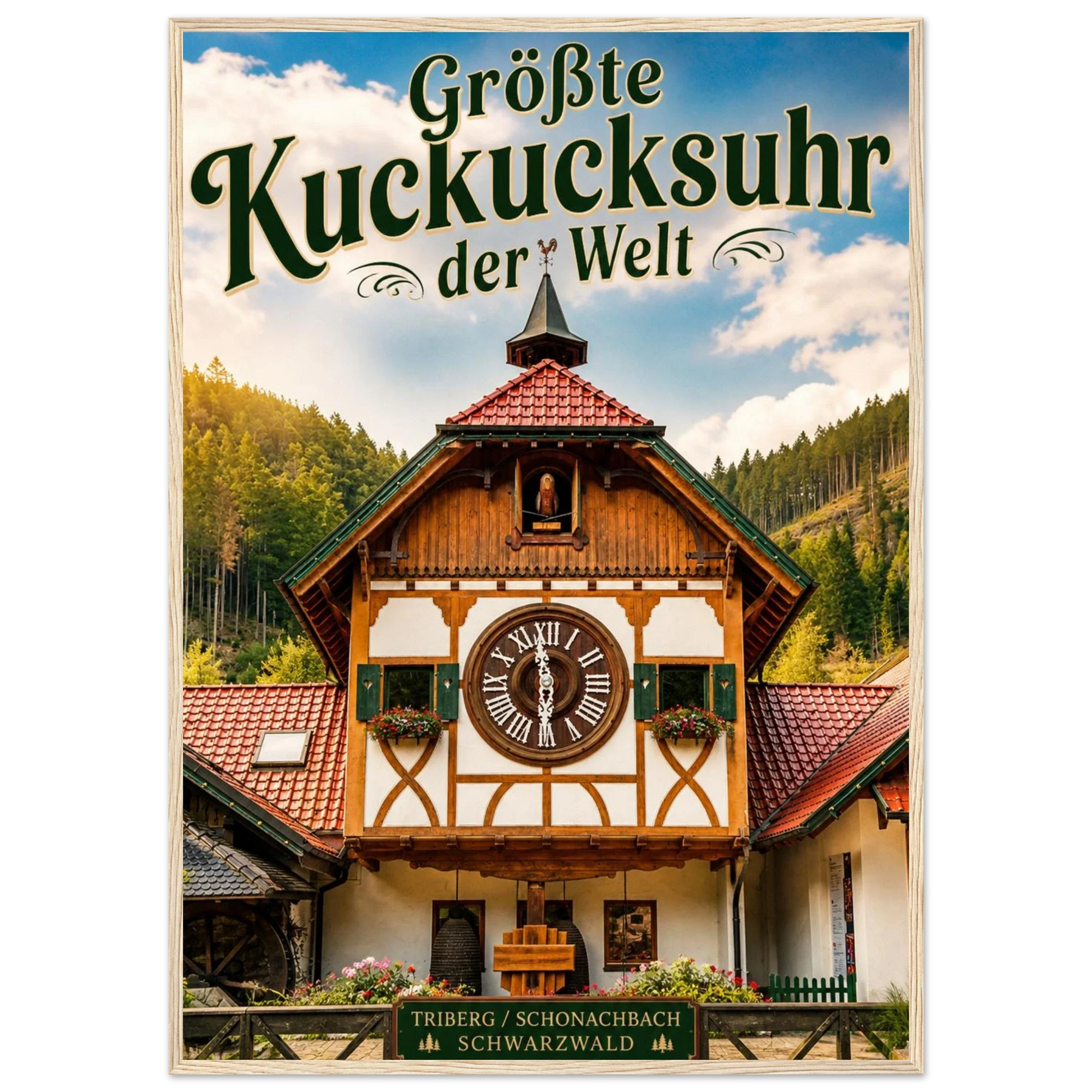 Größte Kuckucksuhr der Welt Poster im Holzrahmen vor Triberg im Schwarzwald