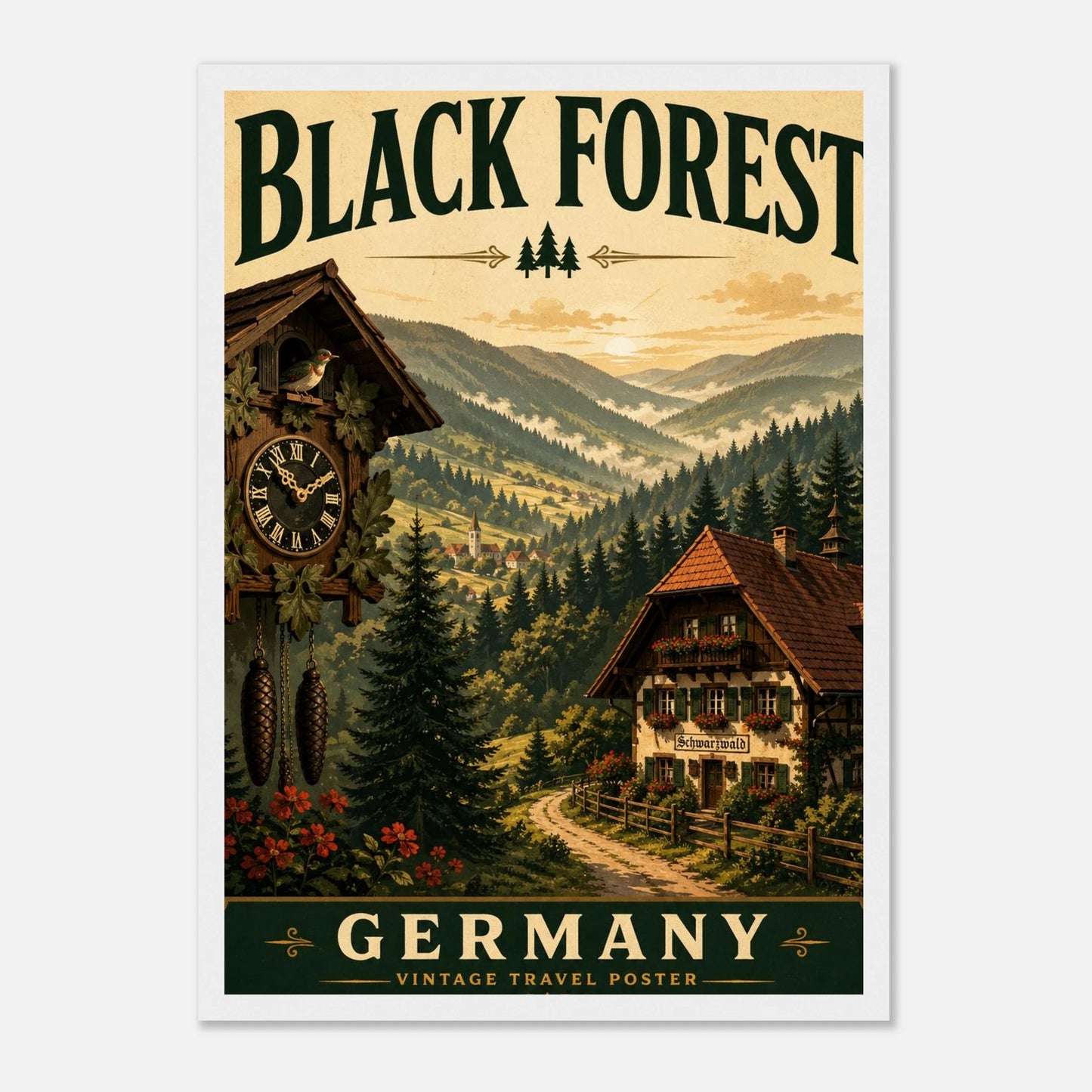 Schwarzwald Poster mit Holzrahmen – Vintage-Wandbild einer Waldlandschaft mit Chalet und Uhrturm.