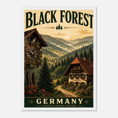 Schwarzwald Poster mit Holzrahmen – Vintage-Wandbild einer Waldlandschaft mit Chalet und Uhrturm.