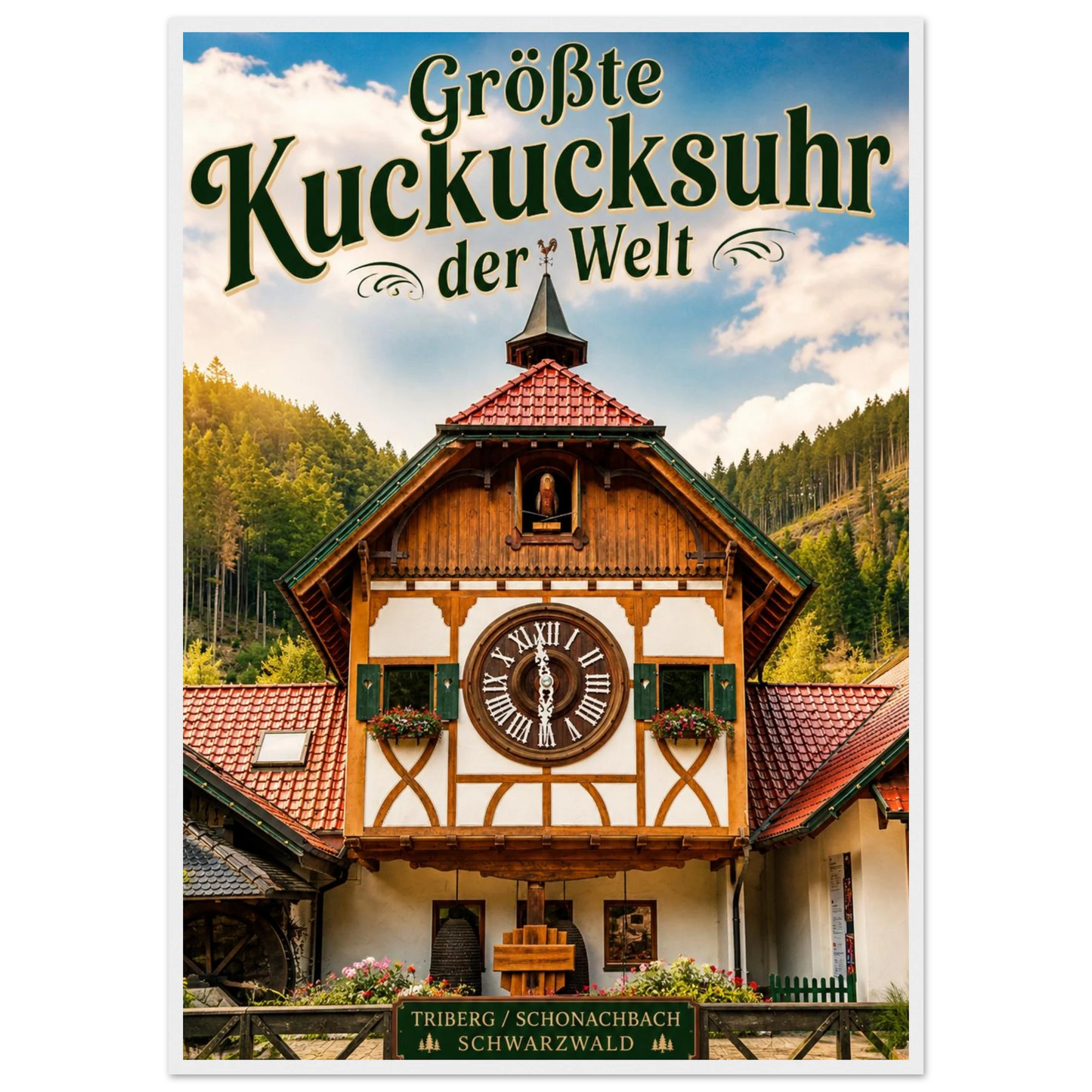Größte Kuckucksuhr der Welt Poster mit Holzrahmen vor Triberg im Schwarzwald