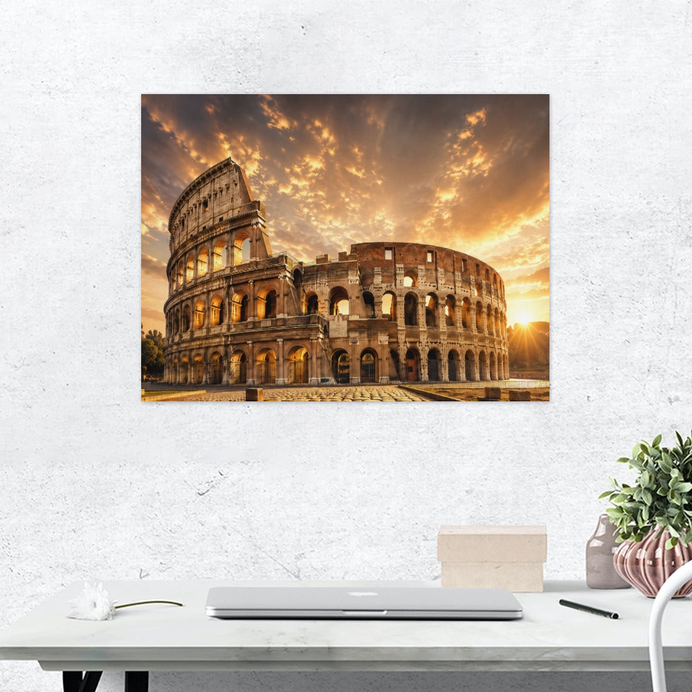Colosseum Leinwanddruck Rom – Wandbild 45x60 cm, warmes Sonnenuntergangslicht über dem Colosseum