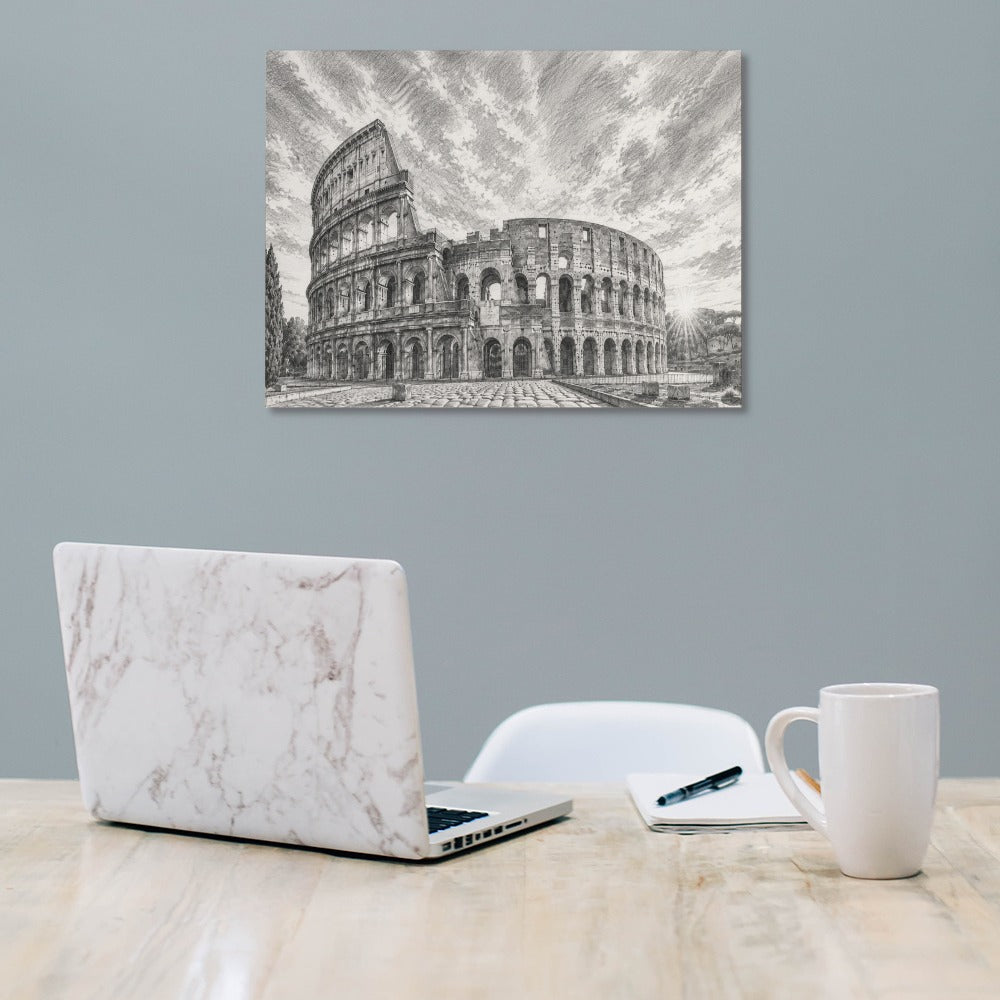 Colosseum Leinwanddruck Rom – Wandbild 45x60 cm, schwarz-weißes Motiv des Kolosseums.