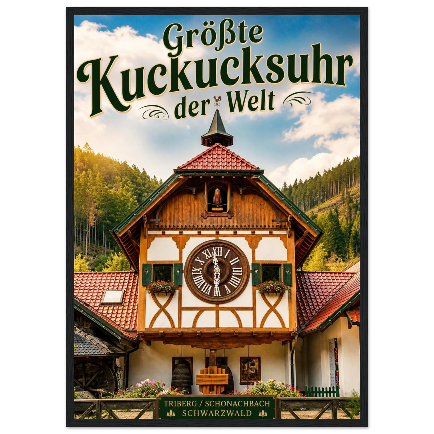 Größte Kuckucksuhr der Welt – Poster mit Holzrahmen, Triberg im Schwarzwald