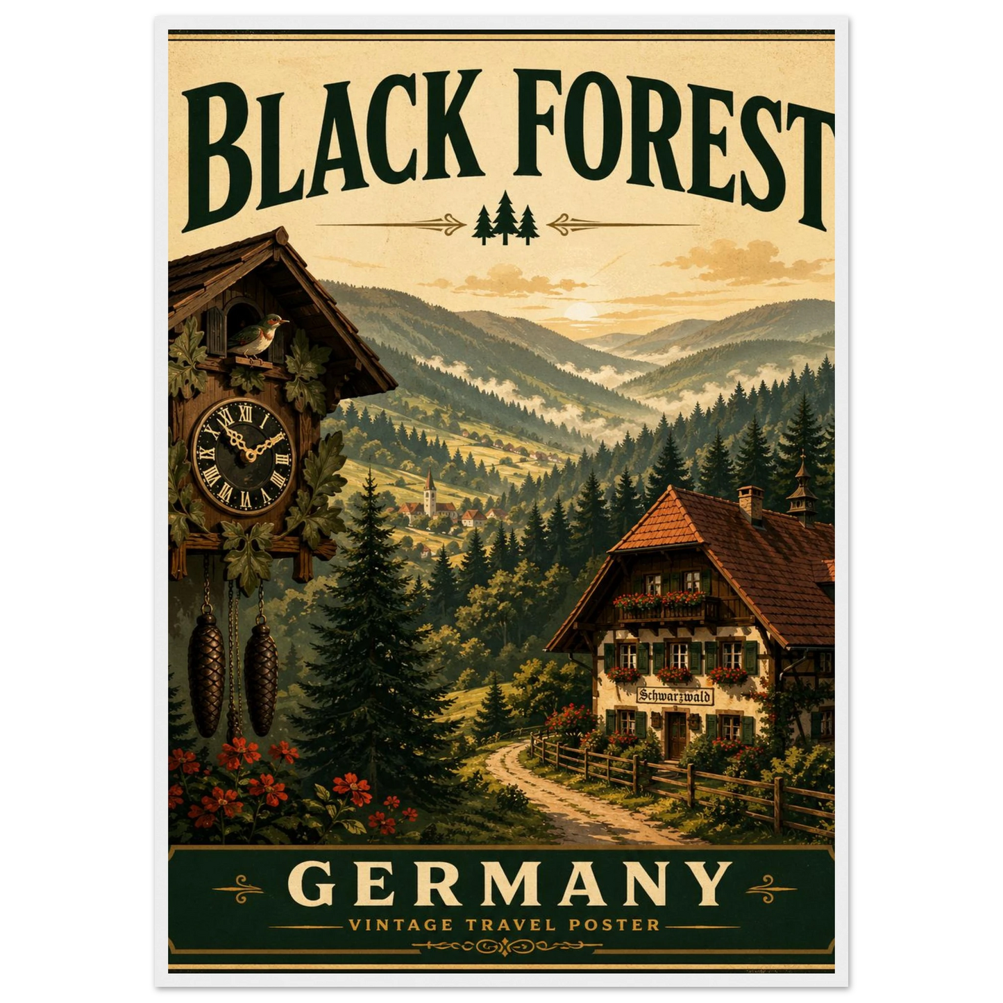 Schwarzwald Poster mit Holzrahmen – Wandbild einer Schwarzwaldlandschaft mit Chalet und Kuckucksuhr
