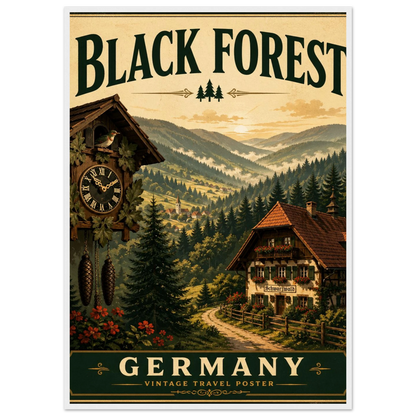 Schwarzwald Poster mit Holzrahmen – Wandbild einer Schwarzwaldlandschaft mit Chalet und Kuckucksuhr