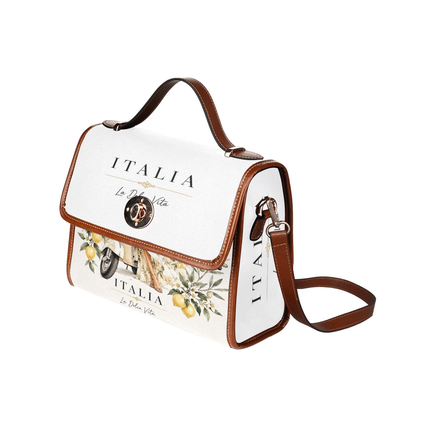 La Dolce Vita Damen-Handtasche – Italian Style mit Italia-Motiv, Zitronen, Vespa-Detail und braunen Akzenten.