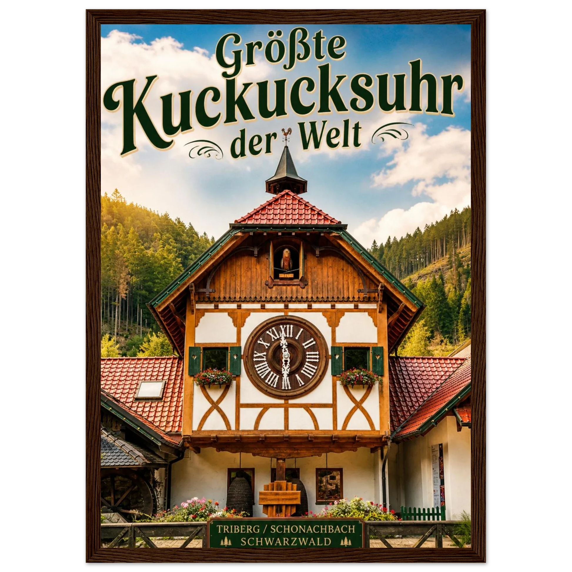 Größte Kuckucksuhr der Welt Poster im Holzrahmen im Schwarzwald, Triberg