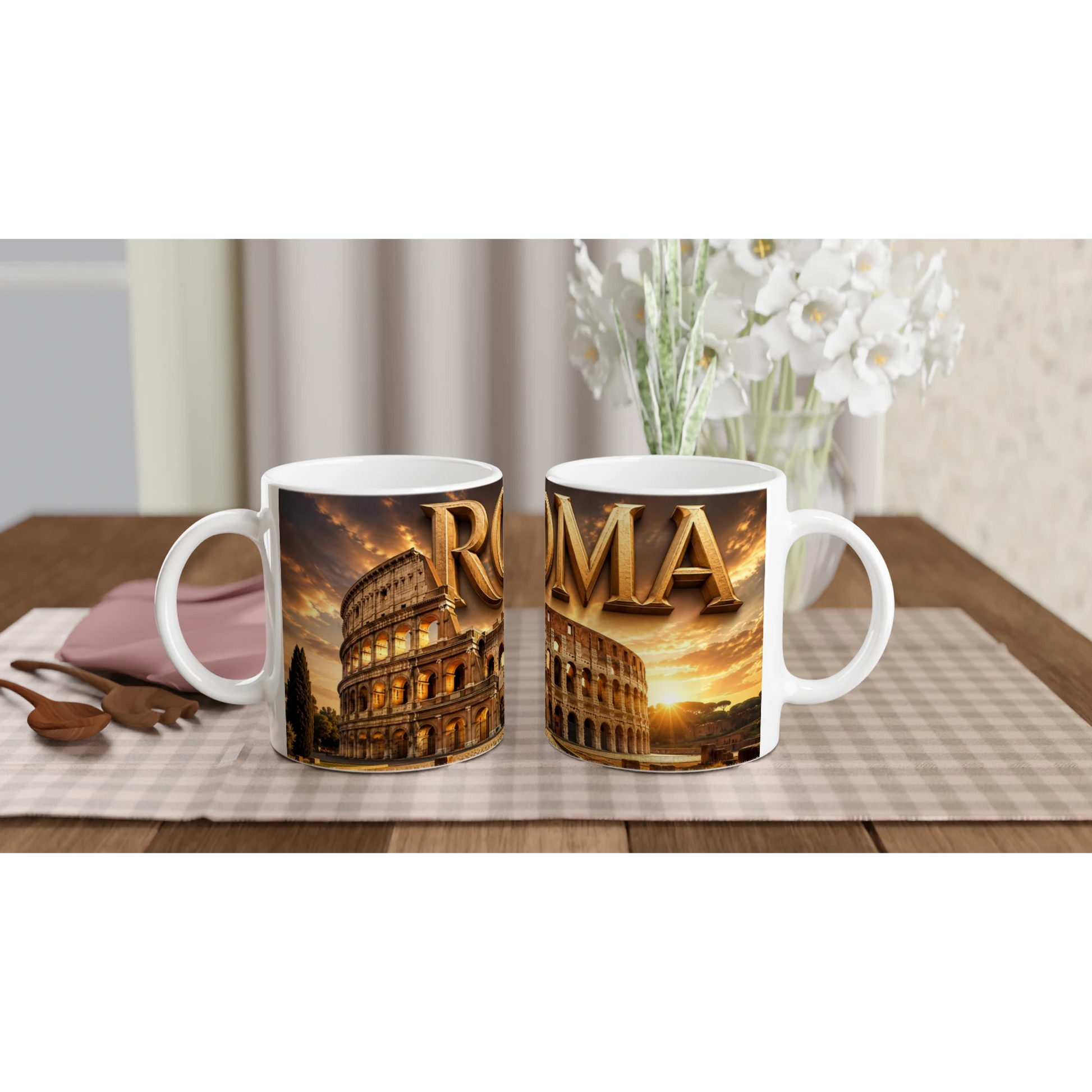 Colosseum-Keramikbecher mit Rom-Motiv, zwei Tassen mit antiken Rom-Sehenswürdigkeiten.
