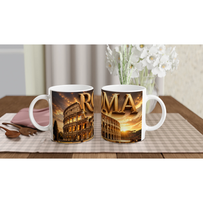 Colosseum-Keramikbecher mit Rom-Motiv, zwei Tassen mit antiken Rom-Sehenswürdigkeiten.
