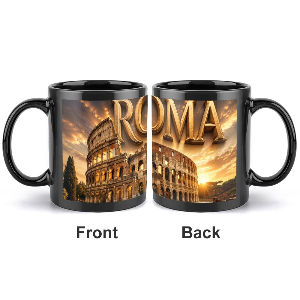 Colosseum Tasse – Keramikbecher mit Rom-Motiv, zwei schwarze Becher mit Colosseum-Szene und ROMA-Schrift.