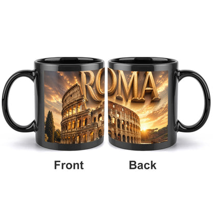 Colosseum Tasse – Keramikbecher mit Rom-Motiv, zwei schwarze Becher mit Colosseum-Szene und ROMA-Schrift.
