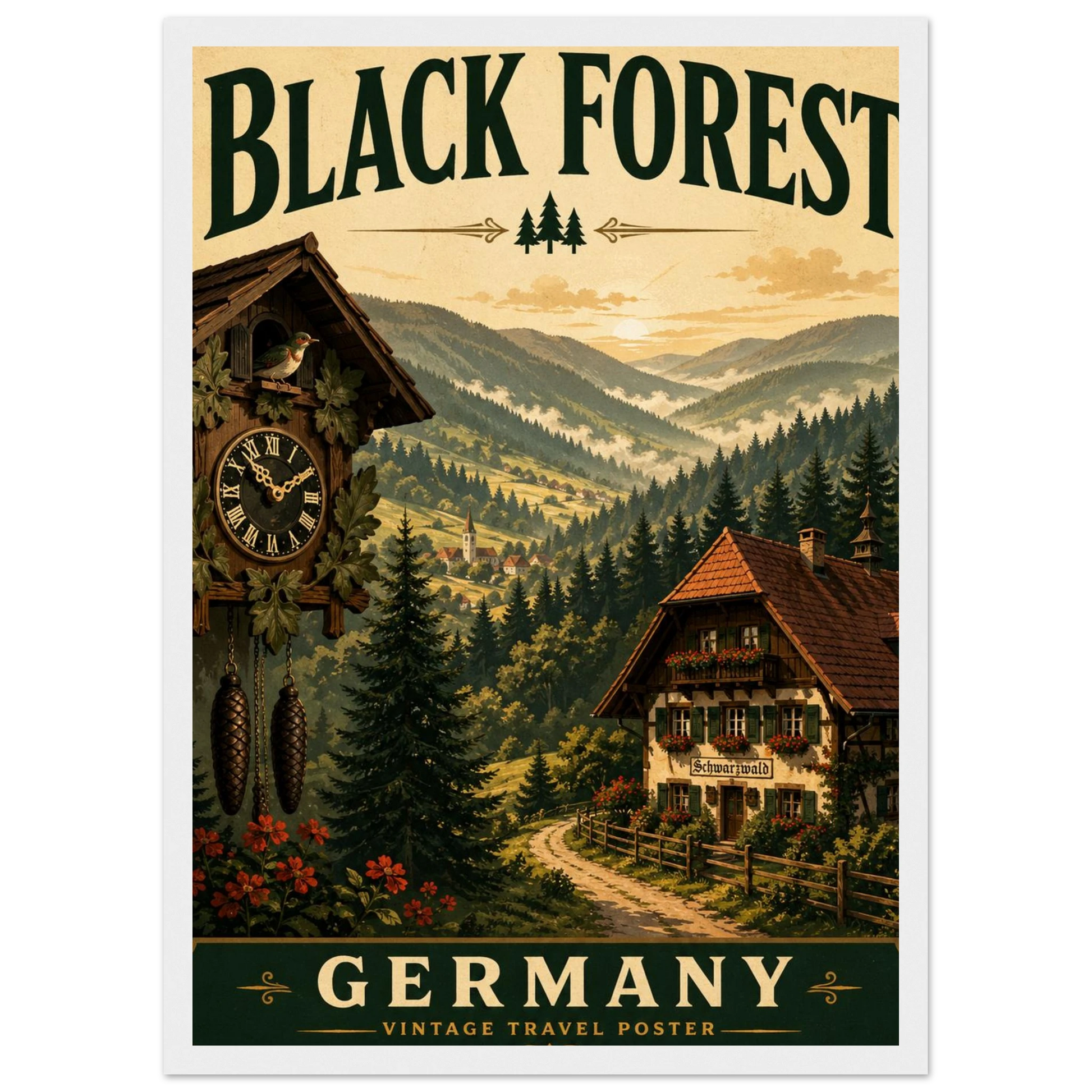 Schwarzwald Poster mit Holzrahmen – gerahmtes Wandbild, Waldlandschaft, Chalet und Uhr