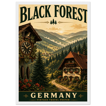 Schwarzwald Poster mit Holzrahmen – gerahmtes Wandbild, Waldlandschaft, Chalet und Uhr
