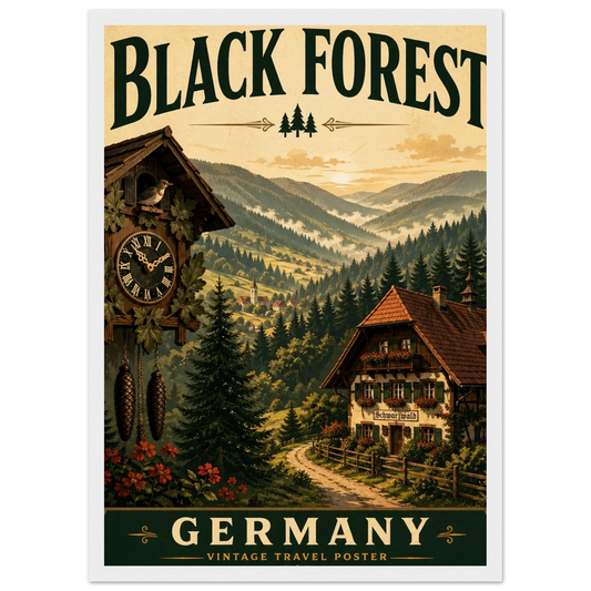 Schwarzwald Poster mit Holzrahmen – gerahmtes Wandbild, Waldlandschaft, Chalet und Uhr