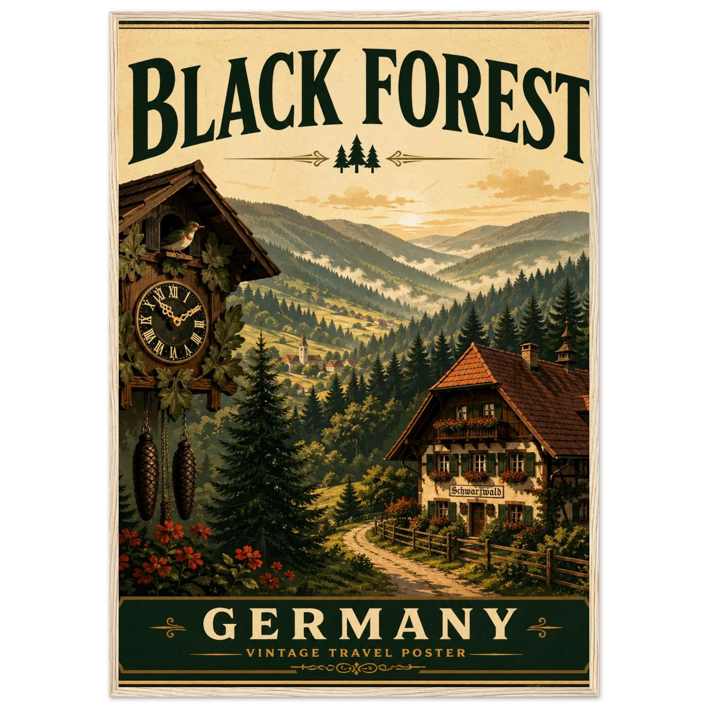 Schwarzwald-Poster mit Holzrahmen, Vintage-Wandbild mit Berglandschaft und Uhrturm