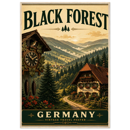 Schwarzwald-Poster mit Holzrahmen, Vintage-Wandbild mit Berglandschaft und Uhrturm