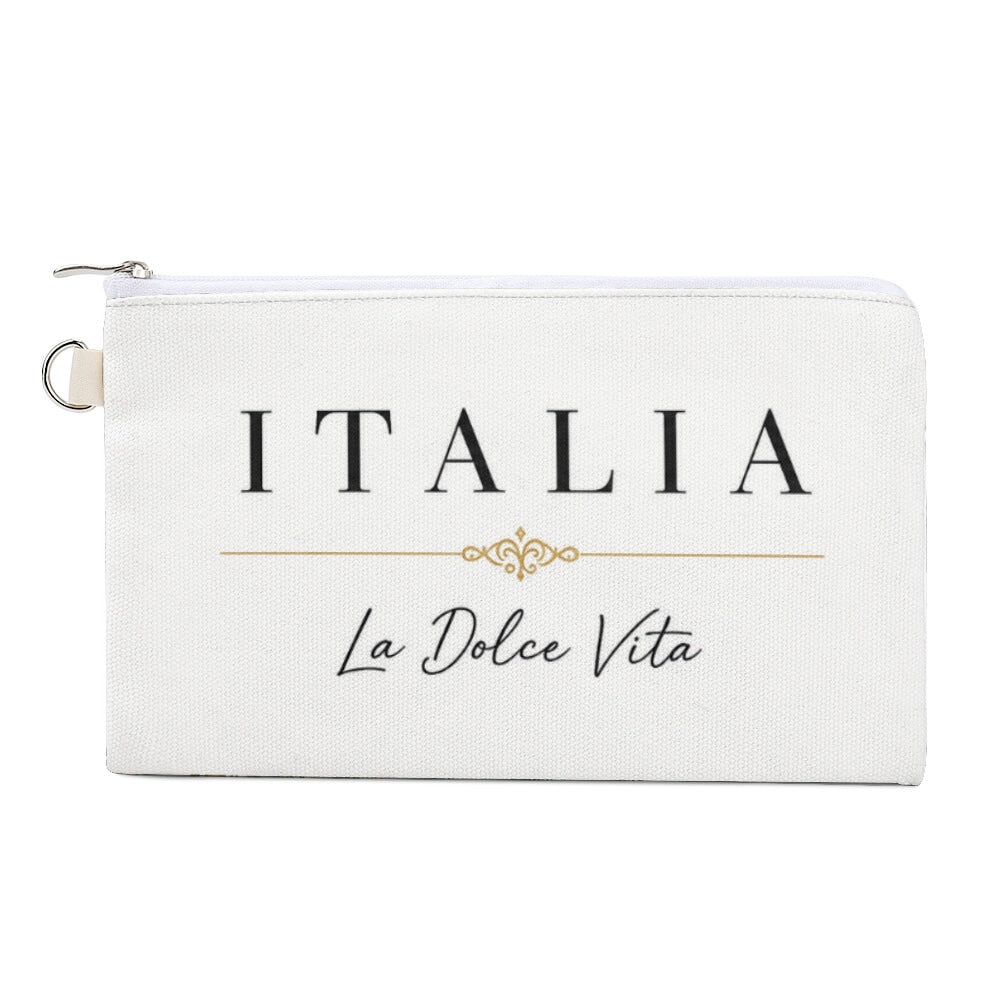 La Dolce Vita Kosmetiktasche – Italian Style, weiße Kosmetiktasche mit ITALIA-Logo und goldener Dekorlinie