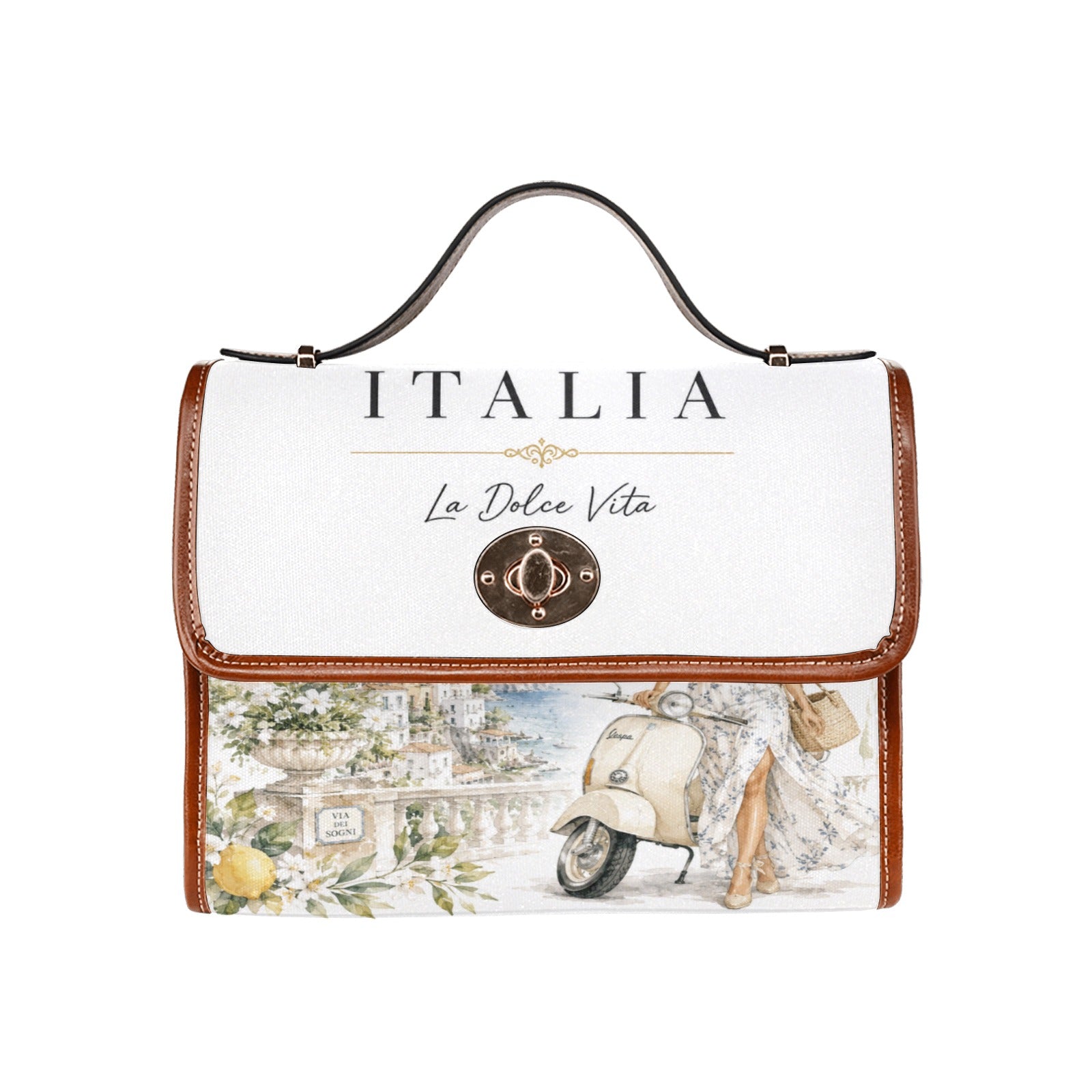 La Dolce Vita Damen-Handtasche – Italienischer Stil, Italia-Schrift, Zitronen- und Vespa-Motiv, braune Akzente.